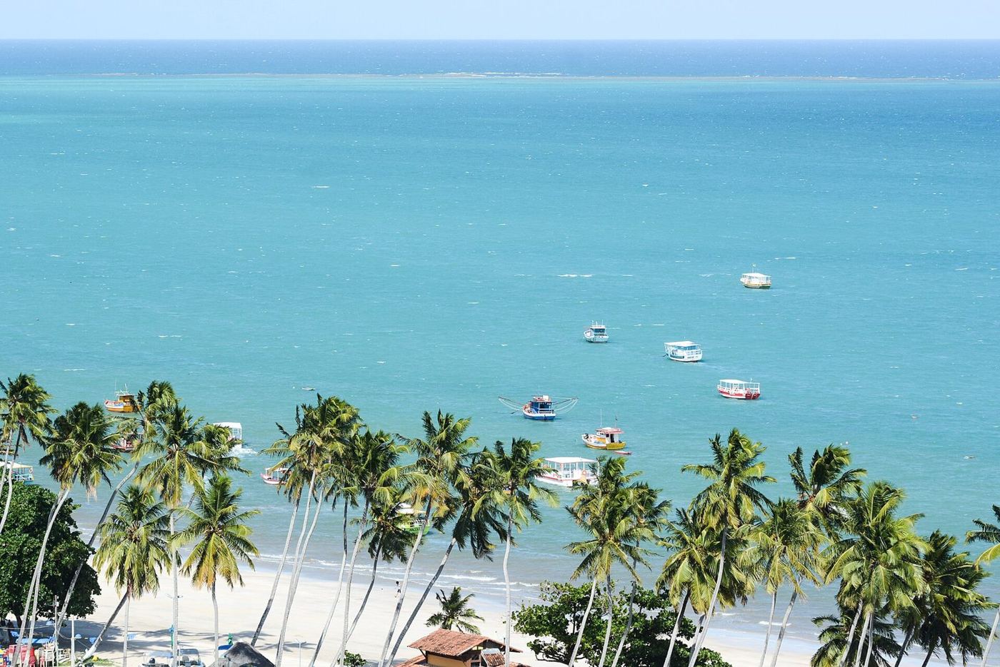 Coqueiros e o mar verde-azulado da Praia de Maragogi, com os barcos que levam às galés